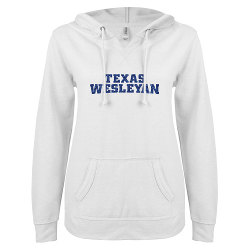  ENZA Womens White V Notch Raw Edge Fleece Hoodie - Texas Wesleyan Dark Blue Glitter