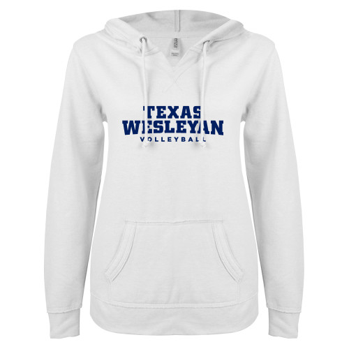  ENZA Womens White V Notch Raw Edge Fleece Hoodie - Volleyball