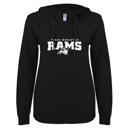  ENZA Womens Black V Notch Raw Edge Fleece Hoodie - Primary Mark