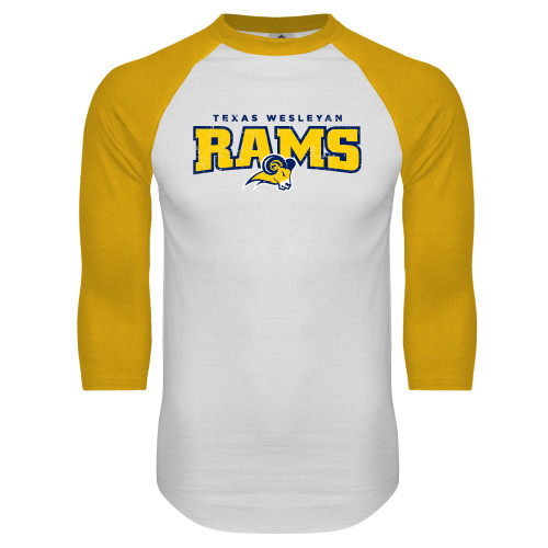  White/Gold Raglan Baseball T Shirt - Primary Mark Distressed