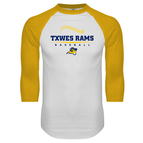  White/Gold Raglan Baseball T Shirt - Baseball Design