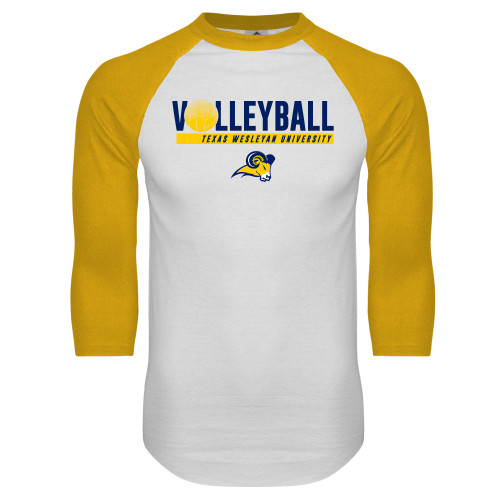  White/Gold Raglan Baseball T Shirt - Texas Wesleyan University Volleyball