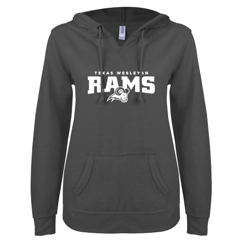  ENZA Womens Dark Heather V Notch Raw Edge Fleece Hoodie - Primary Mark
