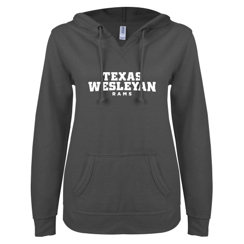  ENZA Womens Dark Heather V Notch Raw Edge Fleece Hoodie - Texas Wesleyan Rams