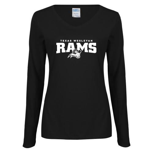  Womens Black Long Sleeve V Neck Tee  - Primary Mark