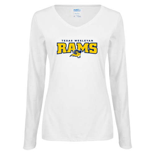  Womens White Long Sleeve V Neck Tee - Primary Mark