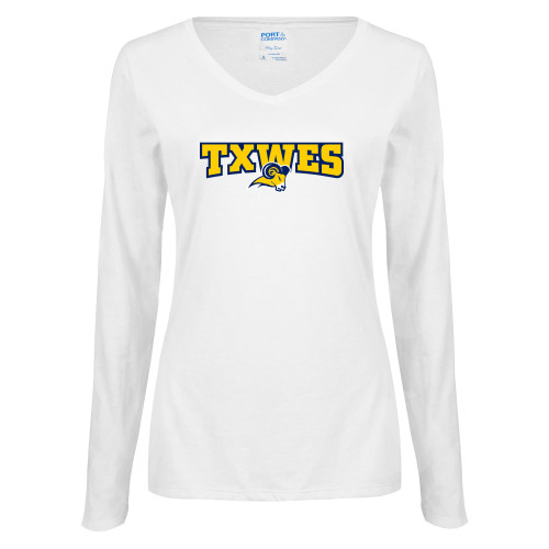  Womens White Long Sleeve V Neck Tee - Secondary Mark