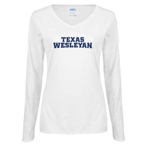  Womens White Long Sleeve V Neck Tee - Texas Wesleyan Dark Blue Glitter
