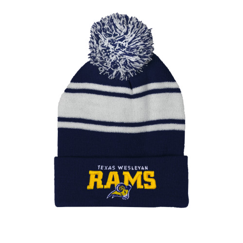  Navy/White Two Tone Knit Pom Beanie w/Cuff - Primary Mark