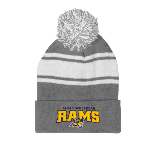  Grey/White Two Tone Knit Pom Beanie w/Cuff - Primary Mark