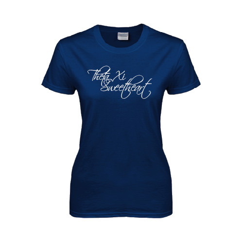 Womens Short Sleeve Navy Tee-Theta Xi Sweetheart Script
