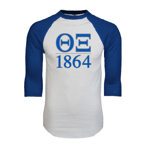 White/Royal Raglan Baseball T Shirt-Greek Letters 1864 Stacked