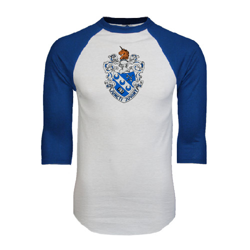 White/Royal Raglan Baseball T Shirt-Crest