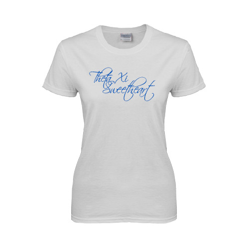 Womens White Short Sleeve Tee-Theta Xi Sweetheart Script