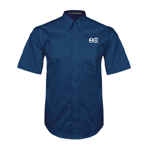 Navy Twill Button Down Short Sleeve-Greek Letters - One Color