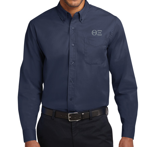 Navy Twill Button Down Long Sleeve-Greek Letters - One Color