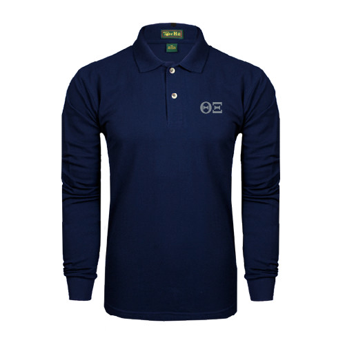 Navy Long Sleeve Polo-Greek Letters - One Color