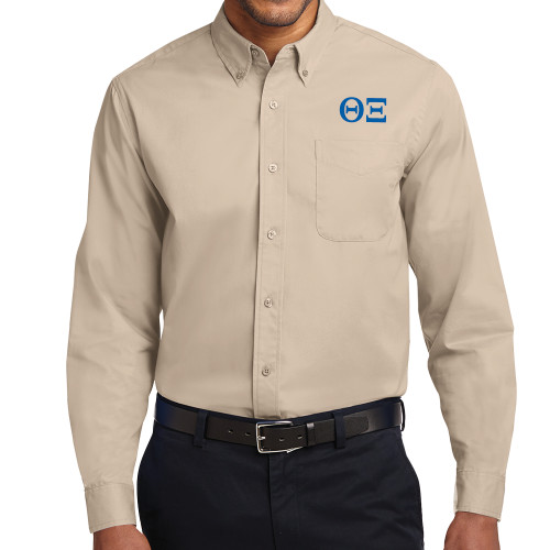 Khaki Twill Button Down Long Sleeve-Greek Letters - One Color