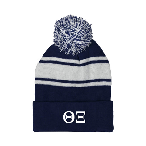 Navy/White Two Tone Knit Pom Beanie w/Cuff-Greek Letters - One Color