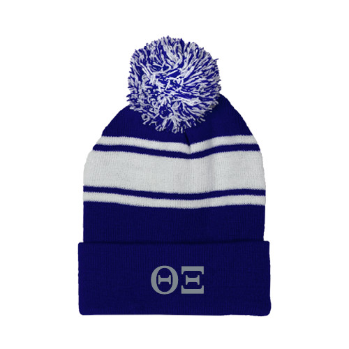Royal/White Two Tone Knit Pom Beanie w/Cuff-Greek Letters - One Color