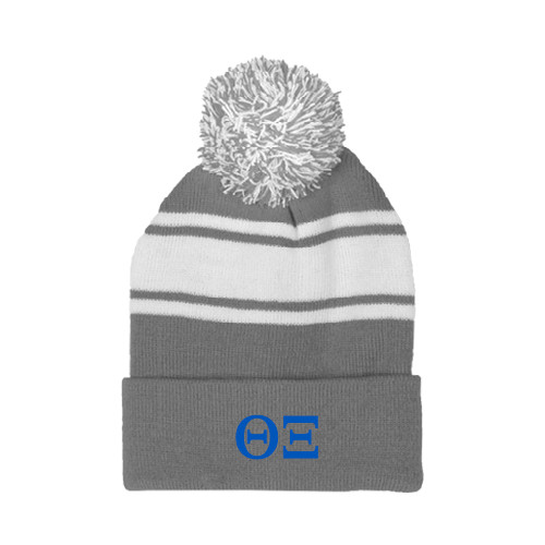 Grey/White Two Tone Knit Pom Beanie w/Cuff-Greek Letters - One Color