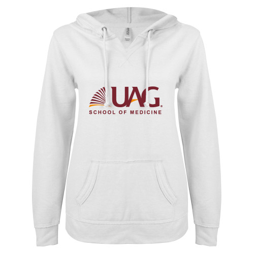  ENZA Womens White V Notch Raw Edge Fleece Hoodie - UAG School of Medicine Wordmark