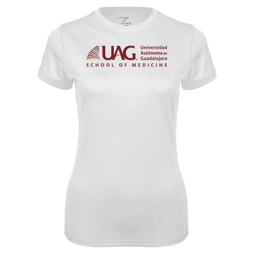  Womens White Performance Tee - UAG School of Medicine Full School Name Wordmark