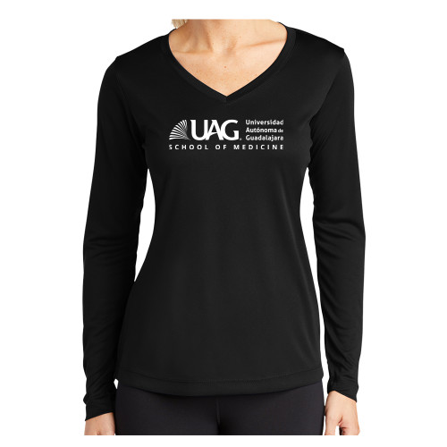  Womens Black Performance Long Sleeve V Neck Shirt - UAG School of Medicine Full School Name Wordmark