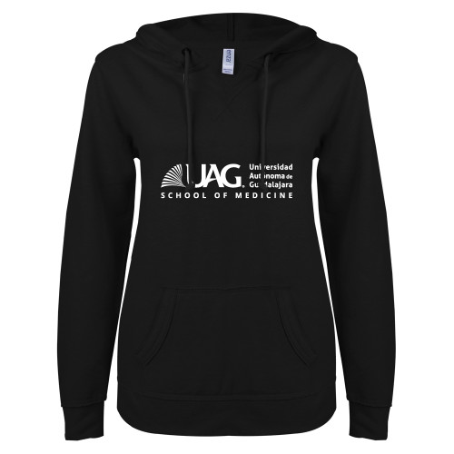  ENZA Womens Black V Notch Raw Edge Fleece Hoodie - UAG School of Medicine Full School Name Wordmark