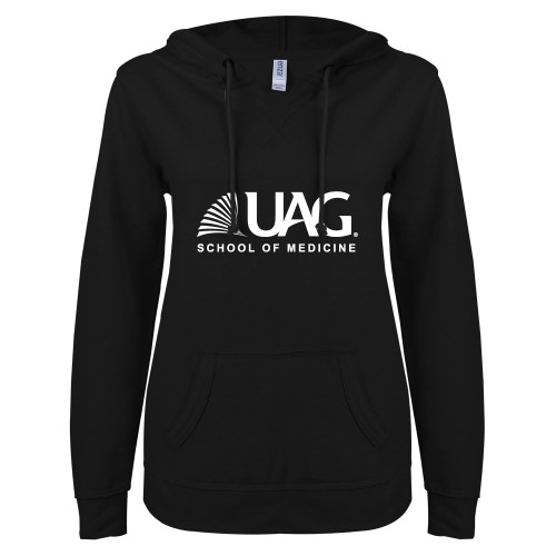  ENZA Womens Black V Notch Raw Edge Fleece Hoodie - UAG School of Medicine Wordmark