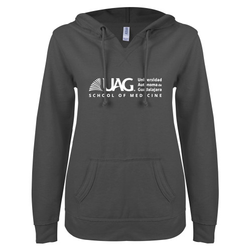  ENZA Womens Dark Heather V Notch Raw Edge Fleece Hoodie - UAG School of Medicine Full School Name Wordmark