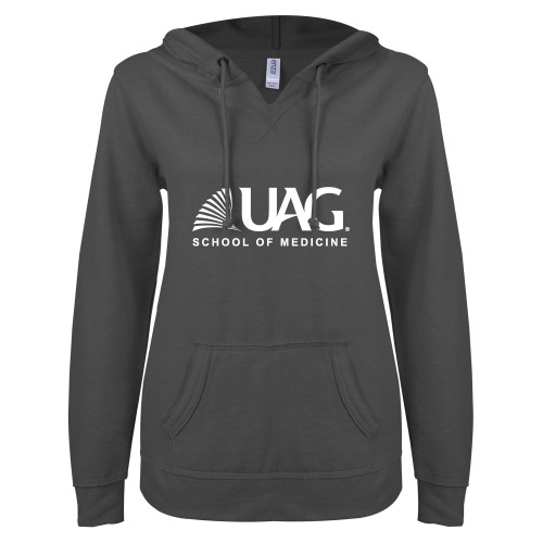  ENZA Womens Dark Heather V Notch Raw Edge Fleece Hoodie - UAG School of Medicine Wordmark