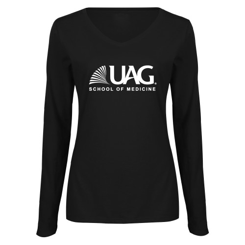  Womens Black Long Sleeve V Neck Tee  - UAG School of Medicine Wordmark