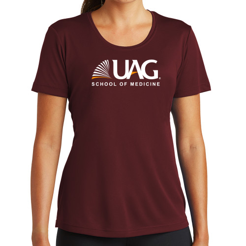 Womens Maroon Performance Short Sleeve Tee - UAG School of Medicine Wordmark