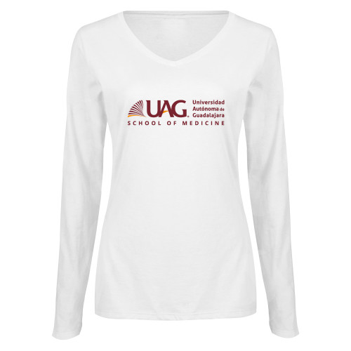 Womens White Long Sleeve V Neck Tee - UAG School of Medicine Full School Name Wordmark