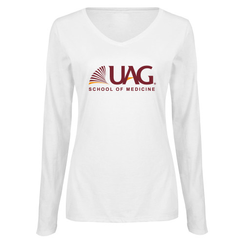  Womens White Long Sleeve V Neck Tee - UAG School of Medicine Wordmark