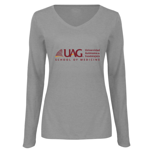  Womens Grey Long Sleeve V Neck Tee  - UAG School of Medicine Full School Name Wordmark