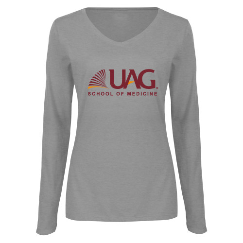  Womens Grey Long Sleeve V Neck Tee  - UAG School of Medicine Wordmark