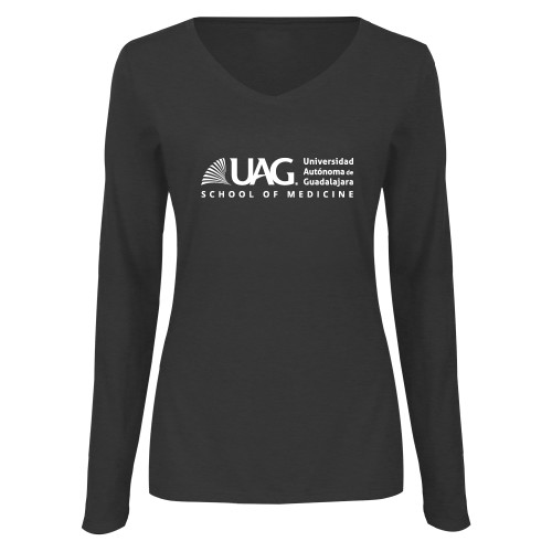  Womens Dark Heather Long Sleeve V Neck Tee  - UAG School of Medicine Full School Name Wordmark