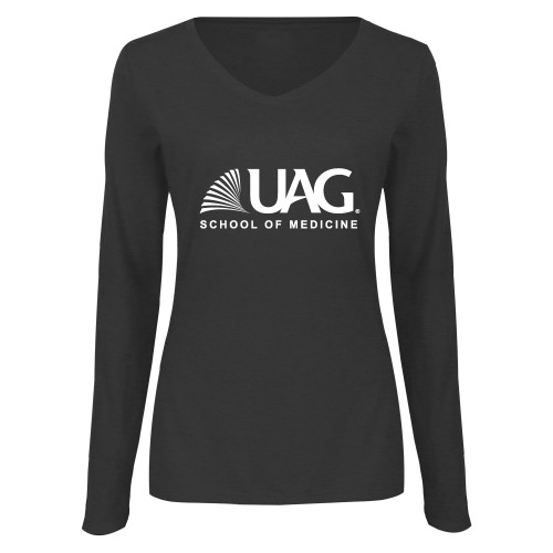  Womens Dark Heather Long Sleeve V Neck Tee  - UAG School of Medicine Wordmark