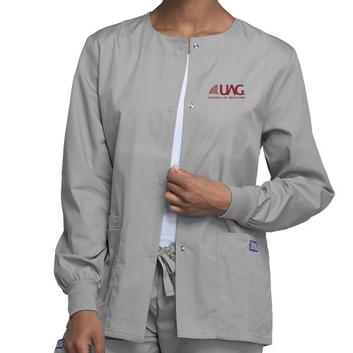  Womens Grey WW Originals Warm Up Scrub Jacket - UAG School of Medicine Wordmark