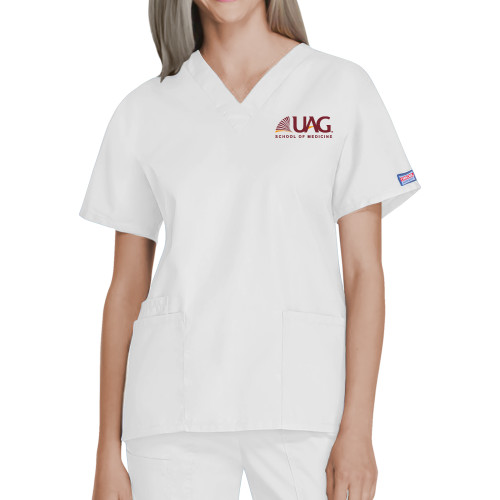  Womens White WW Originals V Neck Scrub Top - UAG School of Medicine Wordmark