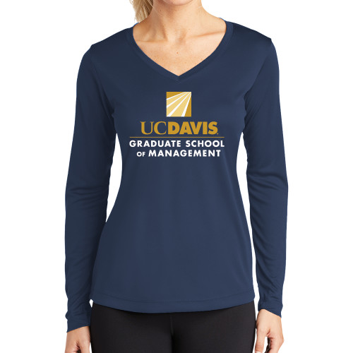  Womens Navy Performance Long Sleeve V Neck Shirt - Graduate School of Management Stacked