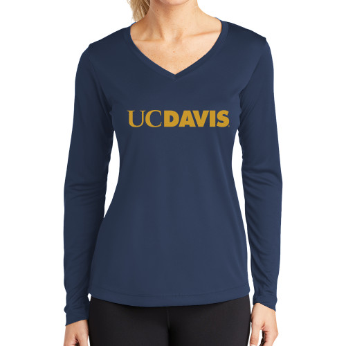  Womens Navy Performance Long Sleeve V Neck Shirt - UC DAVIS