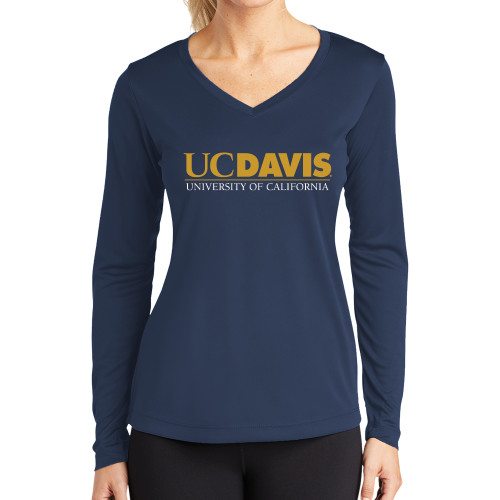  Womens Navy Performance Long Sleeve V Neck Shirt - UC DAVIS U of C