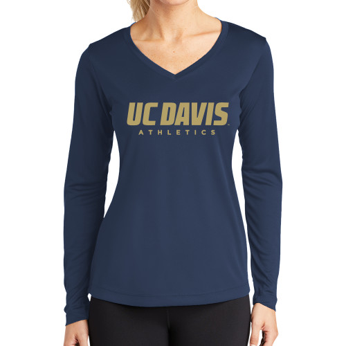  Womens Navy Performance Long Sleeve V Neck Shirt - Primary Athletics Mark