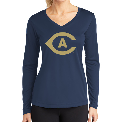  Womens Navy Performance Long Sleeve V Neck Shirt - Secondary Athletics Mark