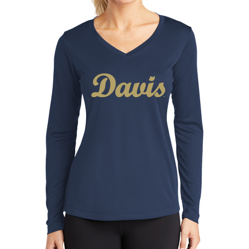  Womens Navy Performance Long Sleeve V Neck Shirt - Script Davis