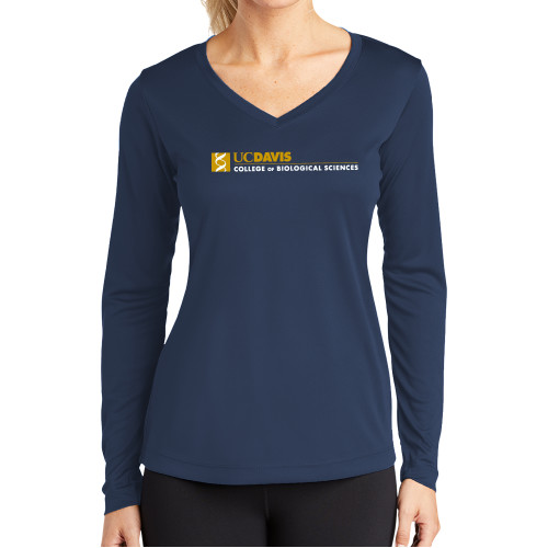  Womens Navy Performance Long Sleeve V Neck Shirt - UC Davis College of Biological Sciences Flat