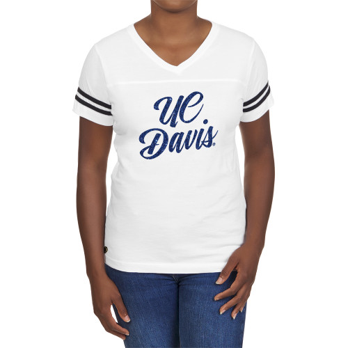  Fall Rush Ladies White 60/40 Football Tee - H Dark Blue Glitter